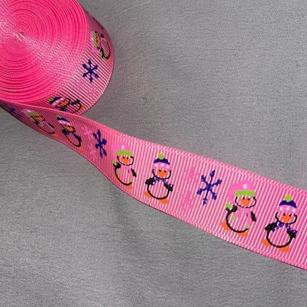 Grosgrain printed Ribbon 7/8” NEW 5 yards hot pink snowflakes penguins winter